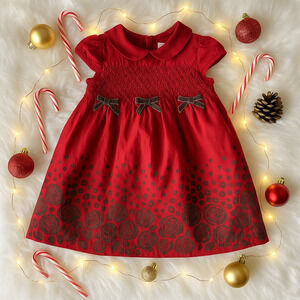 🎀 Janie and Jack Baby Girls Red Silk Flocked Dress | Size 12-18 Months
